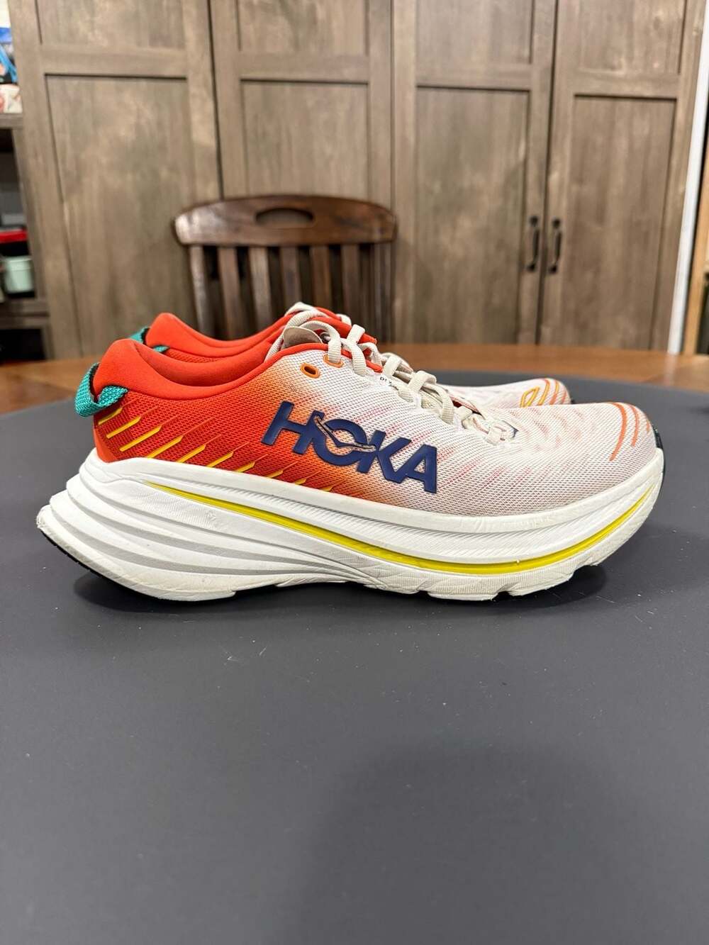HOKA Bondi X Size 9D White Flame Orange Running Shoes
